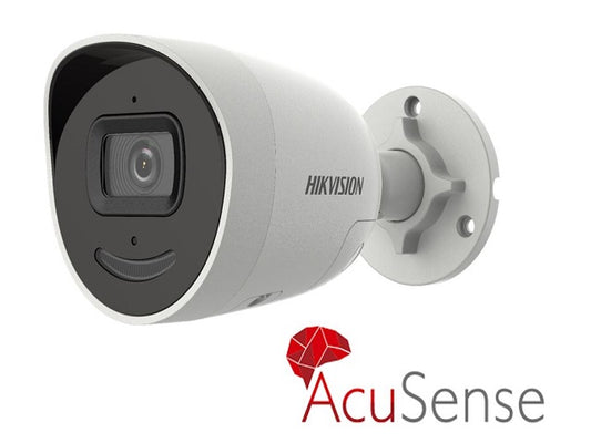 Hikvision 4MP Cámara de red mini bala fija AcuSense con luz estroboscópica y alarma audible - Audio bidireccional - 4 MP - Exterior - H.265+ - Focal fijo de 2.8 mm - 2688 × 1520 - WDR de 120 dB - IP67