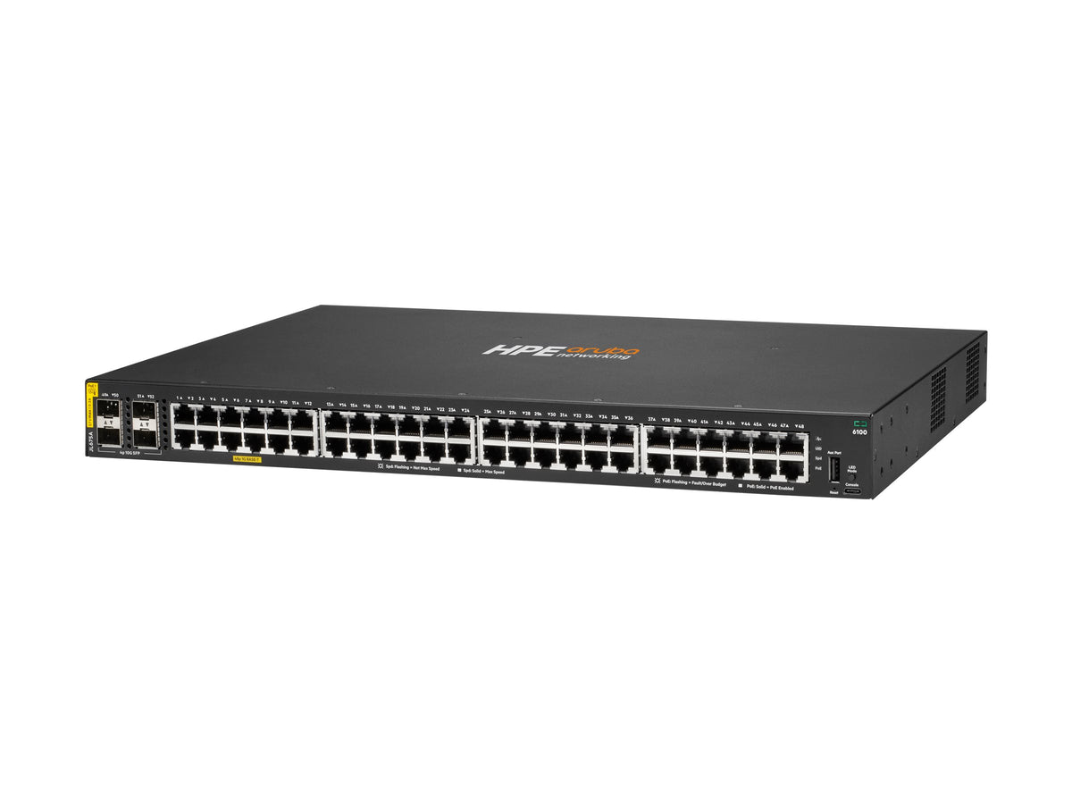 HPE Aruba 6100 48G Class4 PoE 4SFP+ 370W Switch - Conmutador - Gestionado - 48 x 10/100/1000 (PoE+) + 4 x 1 Gigabit / 10 Gigabit SFP+ - flujo de aire de lado a lado - montaje en rack - PoE+ (370 W)