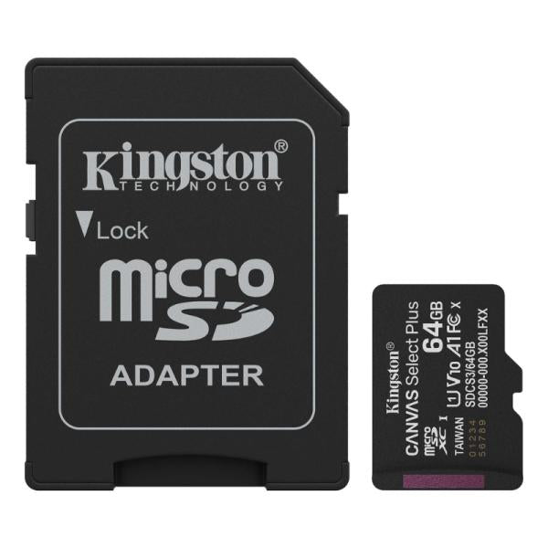 MEMORIA MICRO SD 64GB KINGSTON CANVAS SELECT PLUS GEN3 CLASE 10 UHS-I U1 V10 A1 100 MB/S DISPOSITIVOS ANDROID Y CAMARAS SDCS3/64GB