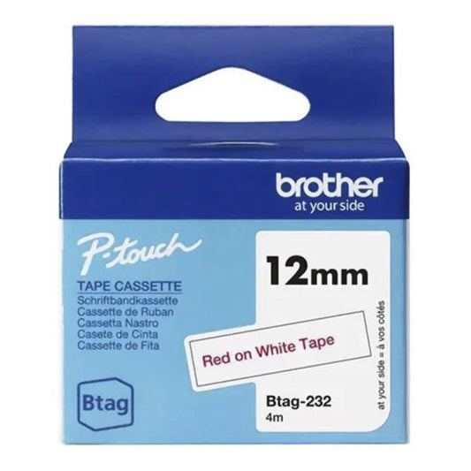 CINTA DE ETIQUETADO BROTHER BTAG232 12MM X 4M COMPATIBLE CON P-TOUCH ROJO SOBRE FONDO BLANCO