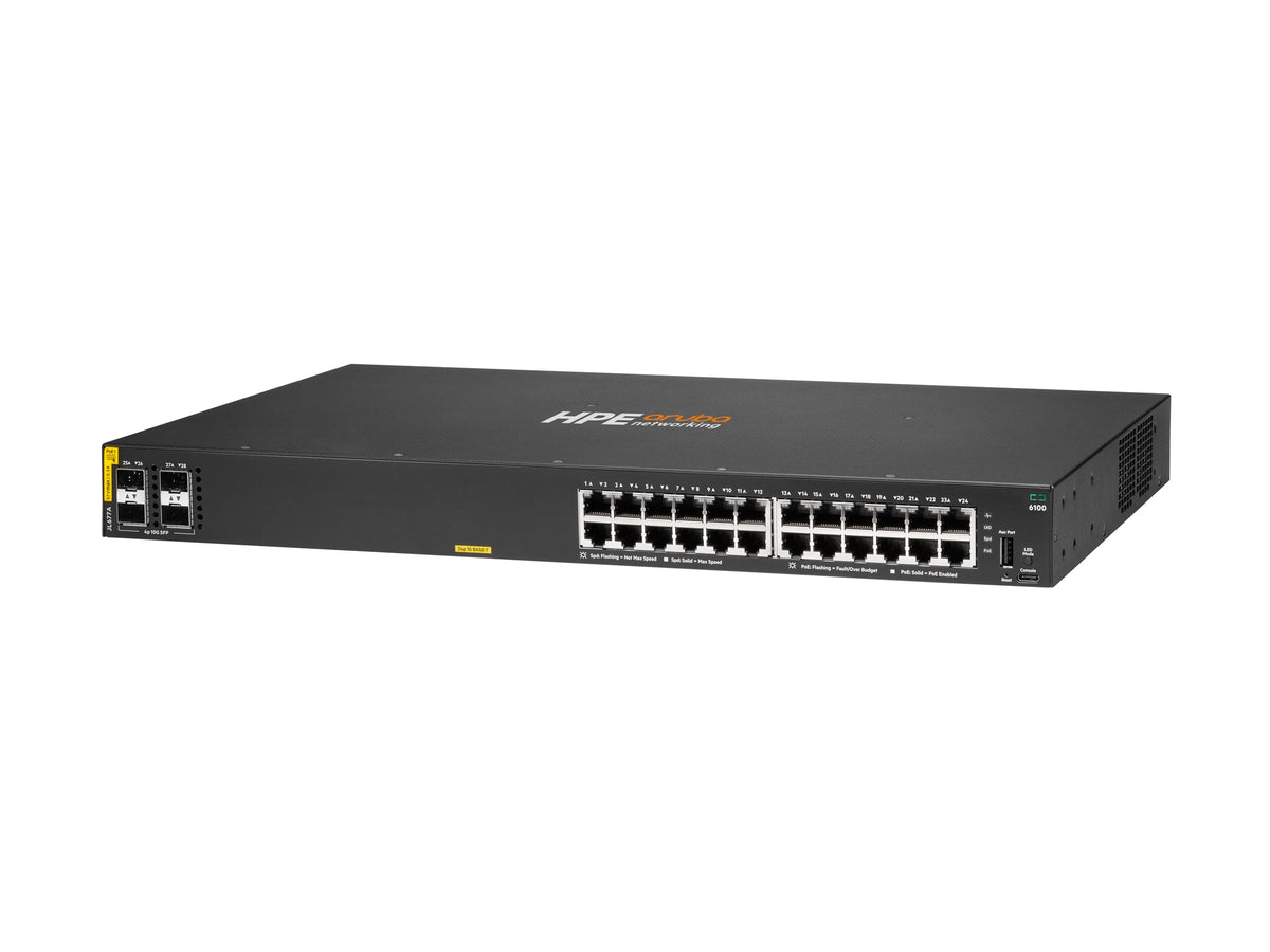HPE Aruba 6100 24G Class4 PoE 4SFP+ - Conmutador - Gestionado - 24 x 10/100/1000 (PoE+) + 4 x 1 Gigabit / 10 Gigabit SFP+ - flujo de aire de lado a lado - montaje en rack - PoE+ (370 W)