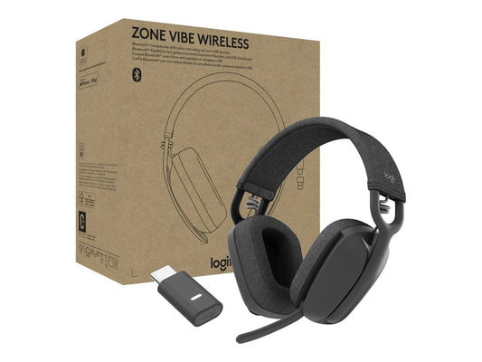Logitech Zone Vibe Wireless Bluetooth headphones with noise-canceling mic, USB-A, USB-C, certified for Microsoft Teams, Mac/PC - Graphite - Auricular - tamaño completo - Bluetooth - inalámbrico - USB-C a través de adaptador Bluetooth - grafito