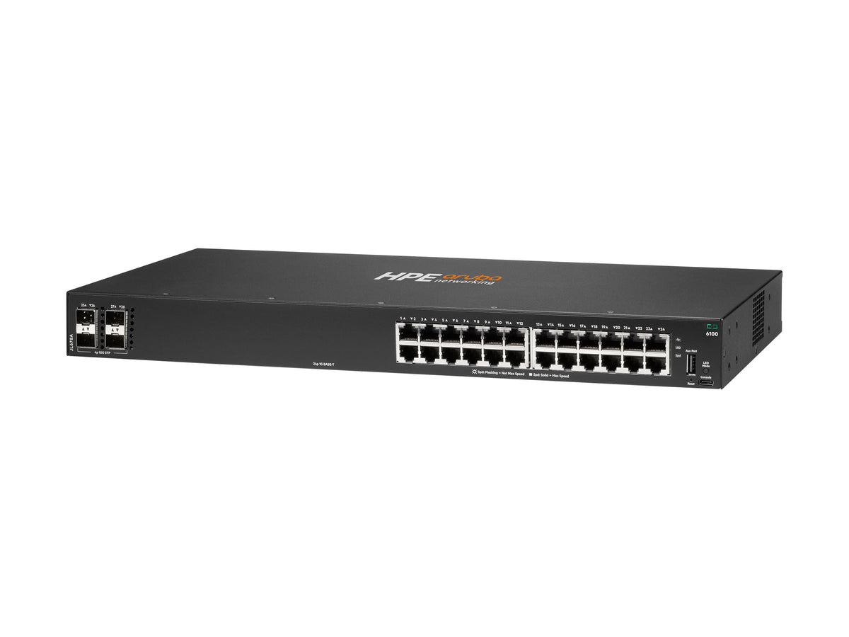 HPE Aruba 6100 24G 4SFP+ Switch - Conmutador - Gestionado - 24 x 10/100/1000 + 4 x 1 Gigabit / 10 Gigabit SFP+ - flujo de aire de lado a lado - montaje en rack